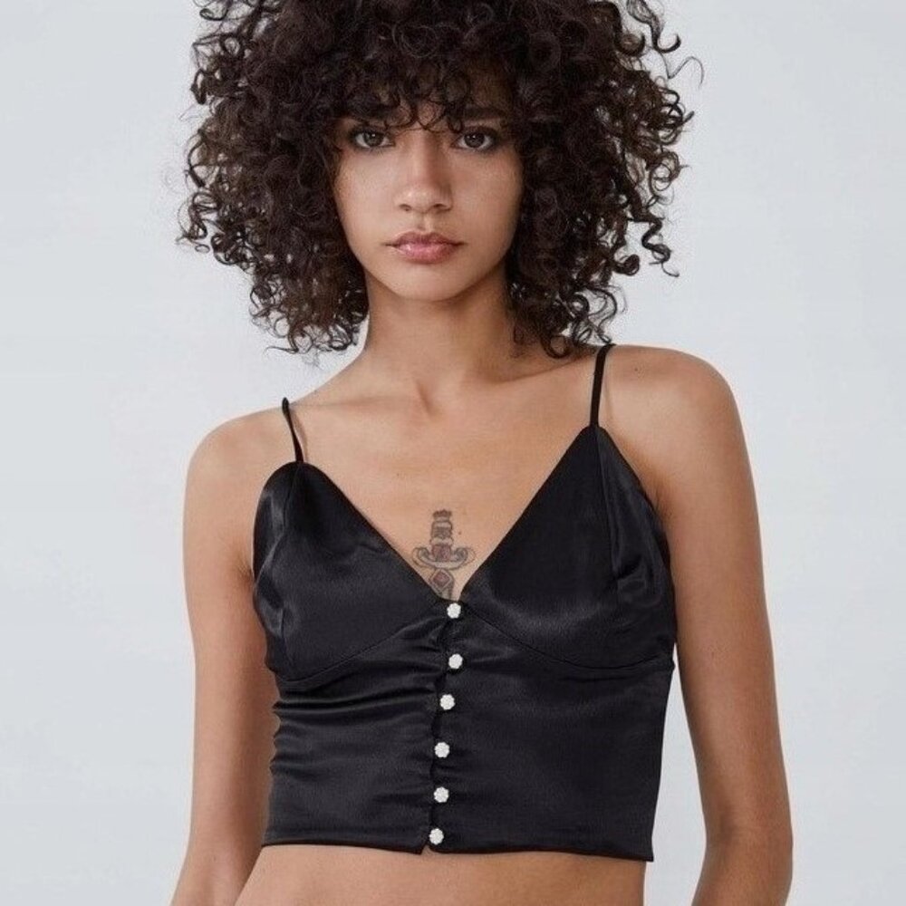 Zara Black Satin Cami Crop Top